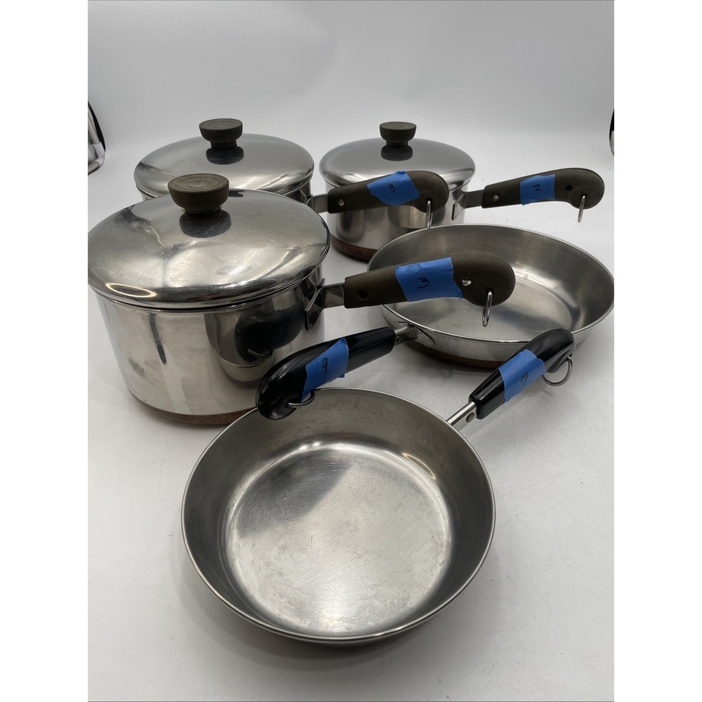 Vtg Revere Ware Copper Bottom 8 PC Cookware 3 Sause Pots w/Lids + 2 Frying Pans